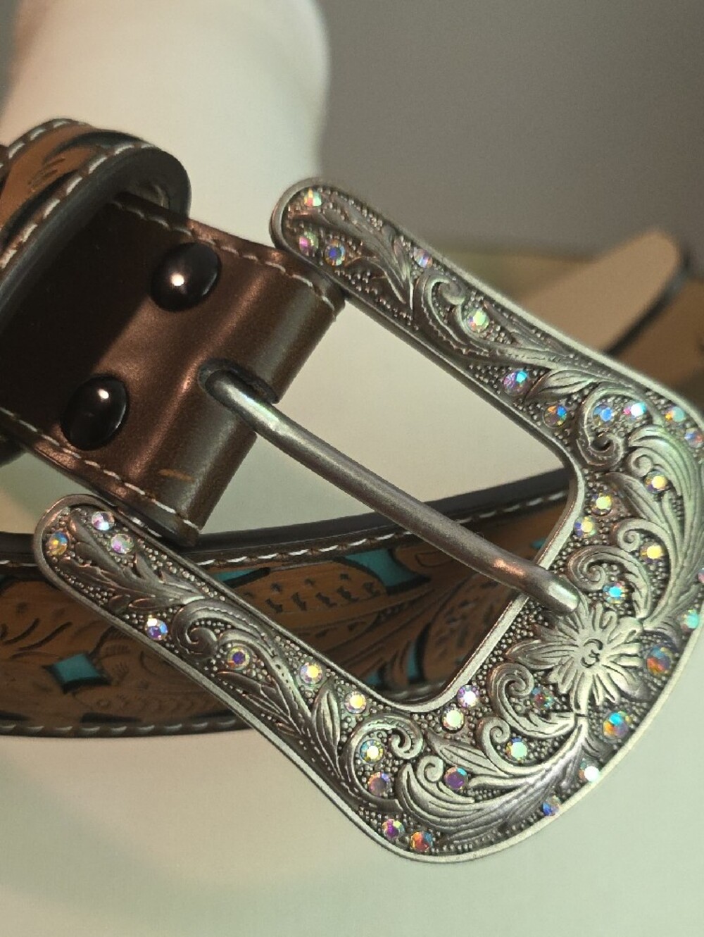 Faux Leather Belt with Turquoise Accents and Rhinestone Buckle 2XL